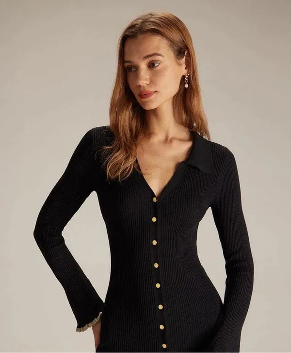 RIHOAS The Black V Neck Contrast Trim Knit Mini Dress XS - Image 3