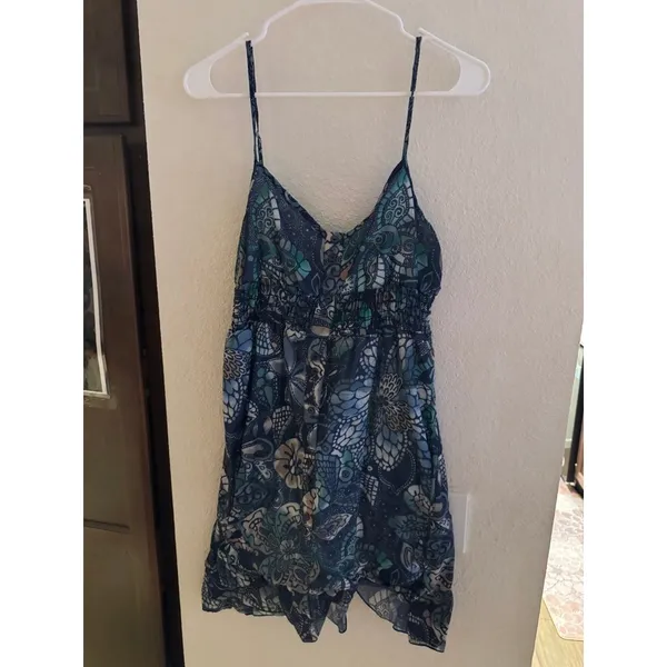 Sam & Max‎ Blue Teal Floral Paisley Smocked Empire Waist Mini Dress Large - Image 2