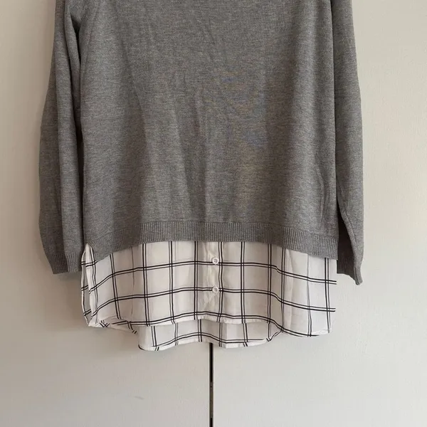 Adrianna Papell Womens Grey Layered Look Sweater Plaid Trim AD1S300211 Large‎ - Image 4