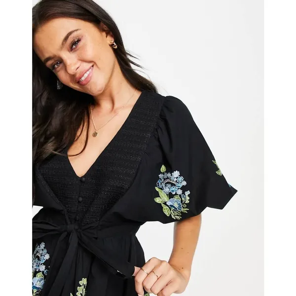 ASOS DESIGN cotton poplin embroidery shirred bodice mini dress in black - Image 2