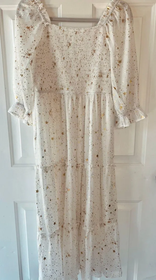 Square Neck Star Printed Smocked Midi Dress White - Image 7