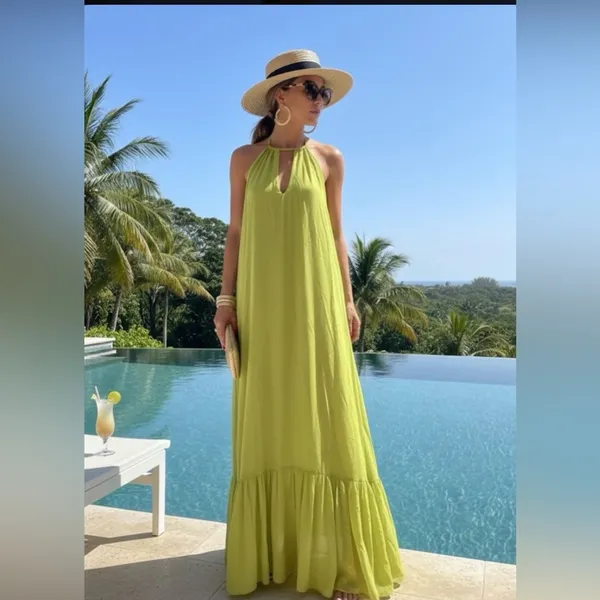 Love & Lemonade Lime Green Halter Maxi Dress Large - Image 4
