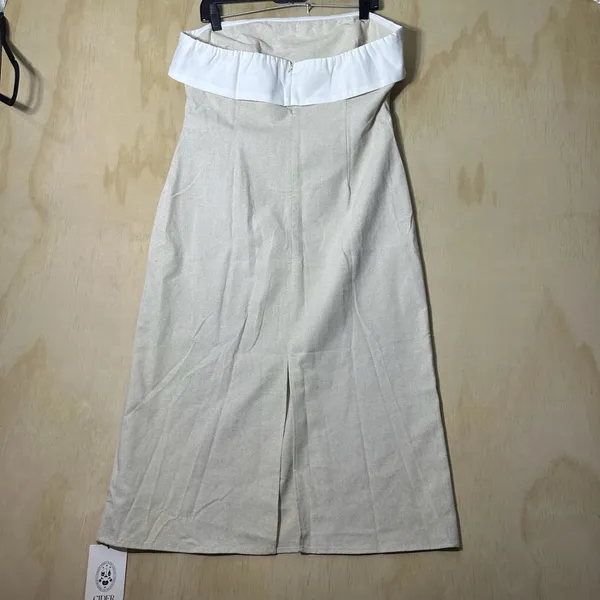 Cider‎ LINEN-BLEND COLLARLESS SOLID SPLIT RUCHED ZIPPER MIDI DRESS - Image 8