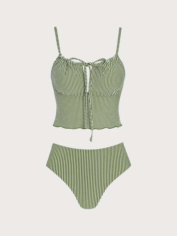 Samiol Green Striped Tie Front Tankini Set Size L - Image 5