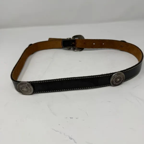 Western Concho Belt Leather Black Silver Engraved Buckle Women M-L - Image 3
