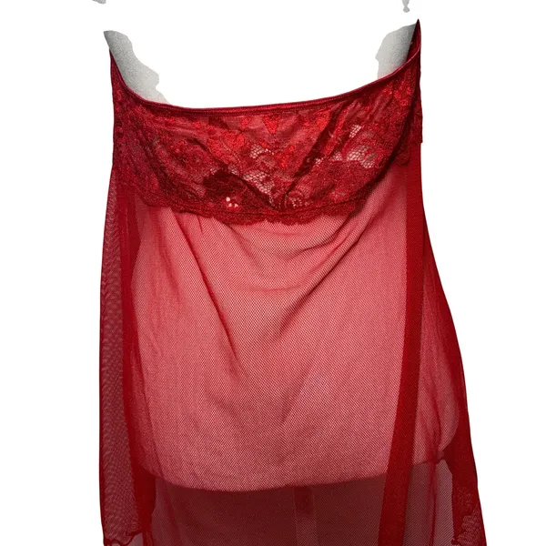 Victorias Secret Red Lace Mesh Babydoll Chemise Lingerie sz L Mini Slip Romantic - Image 3