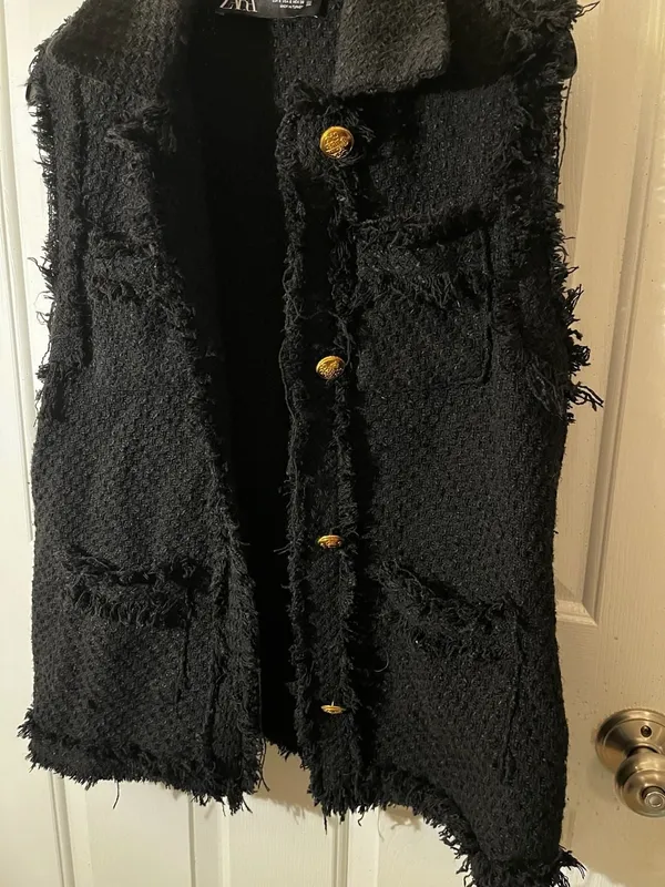 Zara Black Textured Tweed Waistcoat with Frayed Trims and Gold Buttons - Image 4