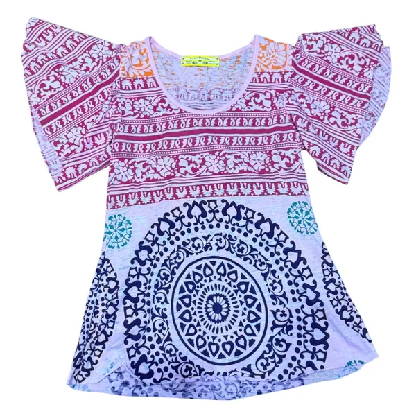 Free People Pink Orange Mandala Flutter Sleeve Boho Scoop Neck Top Medium - Image 6