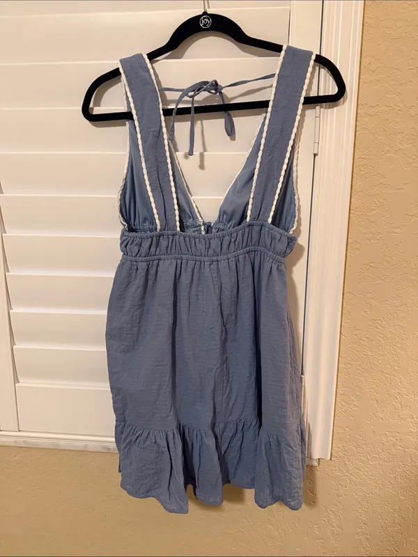 Light Blue V-Neck Smocked Sundress with White Trim - Image 2