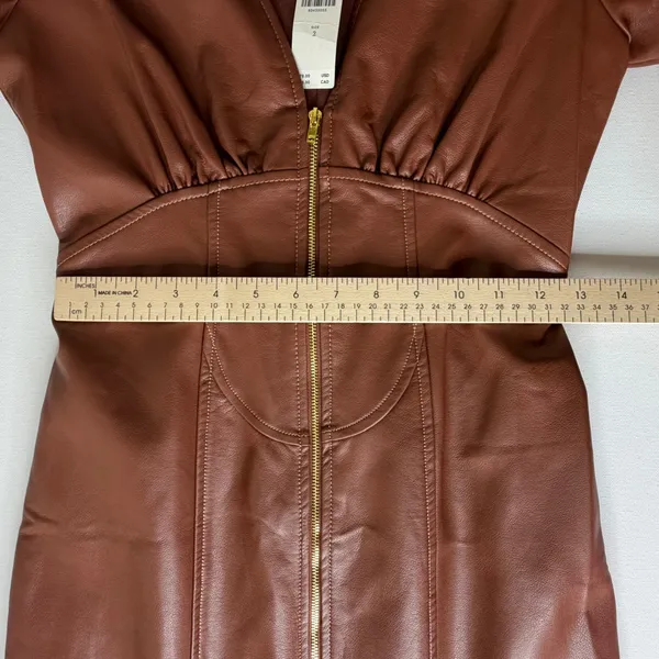 NWT By Anthropologie Vegan Leather Puff Sleeve Zip Front Midi Dress Size 2 Brown - Image 11
