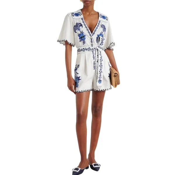 Farm Rio Embroidered Linen Romper Size XS - Image 3