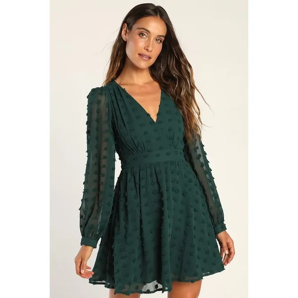 Lulus Always on Repeat Emerald Green Clip Dot Long Sleeve Mini Dress Large NWT - Image 2