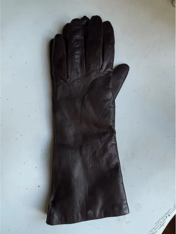 Vintage Long Brown Leather Gloves with Blue Knit Lining Size 7 - Image 2