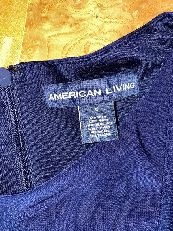 American Living Gabrielle Navy Blue Longsleeve Ruffle Satin Sheath Dress Size 6 - Image 12