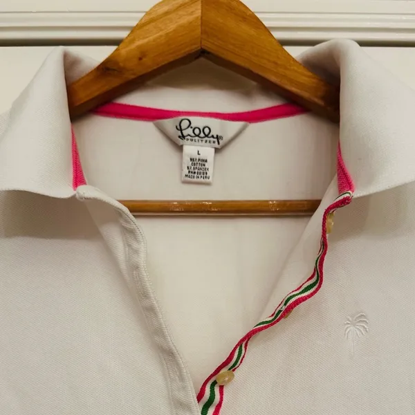 Lilly Pulitzer Womens Sleeveless Pima Cotton Polo Shirt White L Tennis Golf‎ Vtg - Image 6