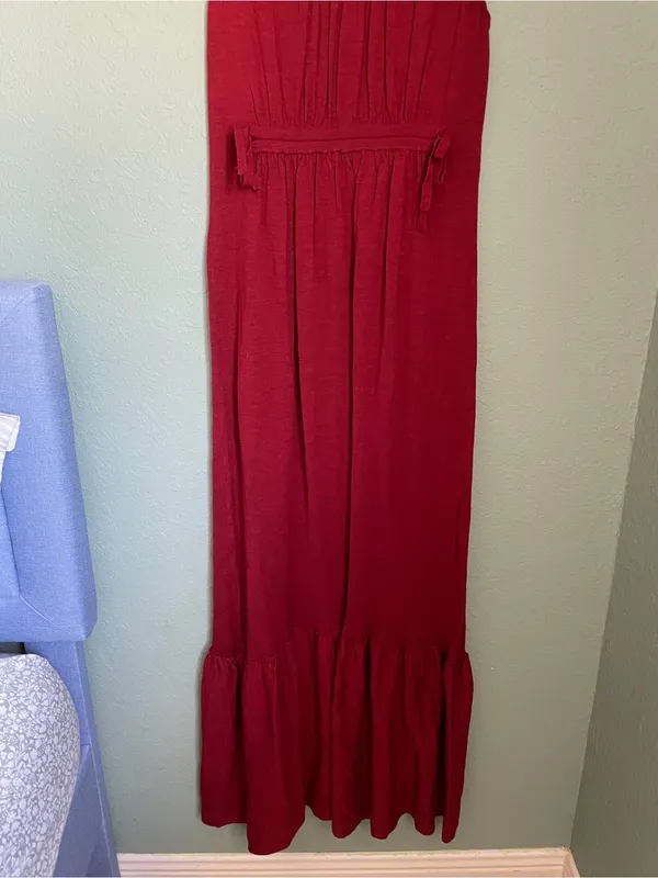 Mango Linen Blend V-Neck Maxi Dress Red Tiered Ruffle Hem Elastic Waist XS Red - Image 5