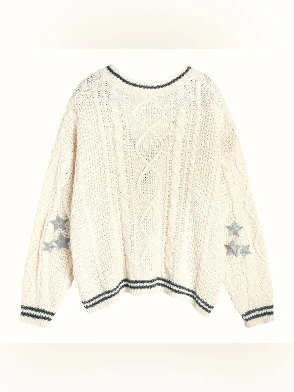 Cardigan Cream Star Knit Sweater Size Large - Image 4