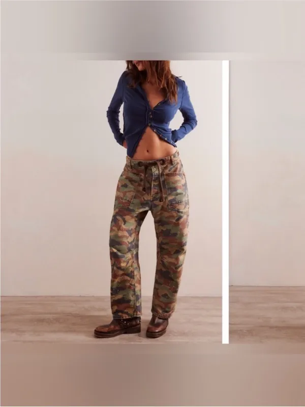 NWOT Free People We The Free Moxie Printed Low-Slung Barrel Jeans Green Camo 29 - Image 7