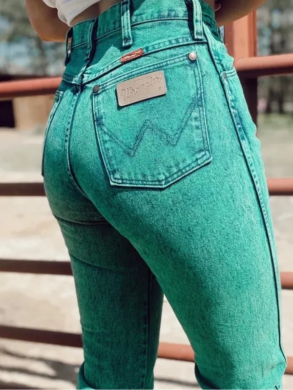 VTG 90s Wrangler Wedgie High Rise Cowgirl Jeans 14MWZ Teal Green Acid Wash 5x32 - Image 2