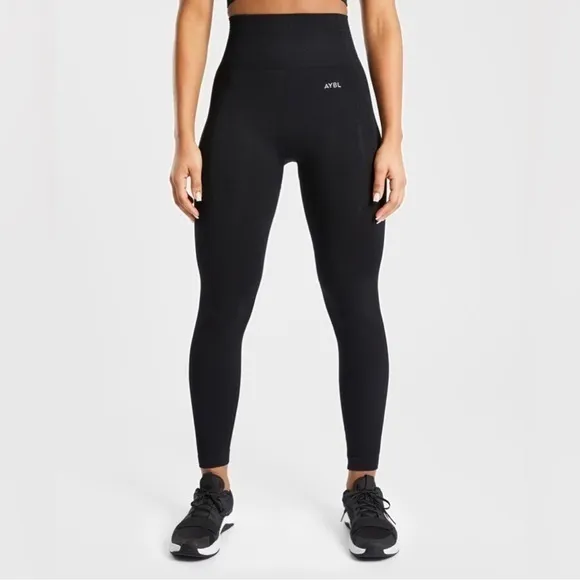AYBL Womens Motion Seamless Black High Waisted Ribbed Knit Compression Leggings - Image 2