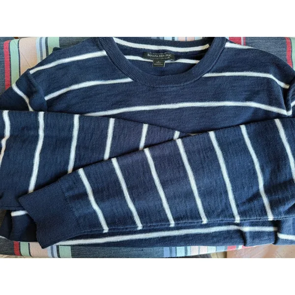 Banana Republic Breton Striped Cotton Sweater Large Navy White Coastal Preppy - Image 5