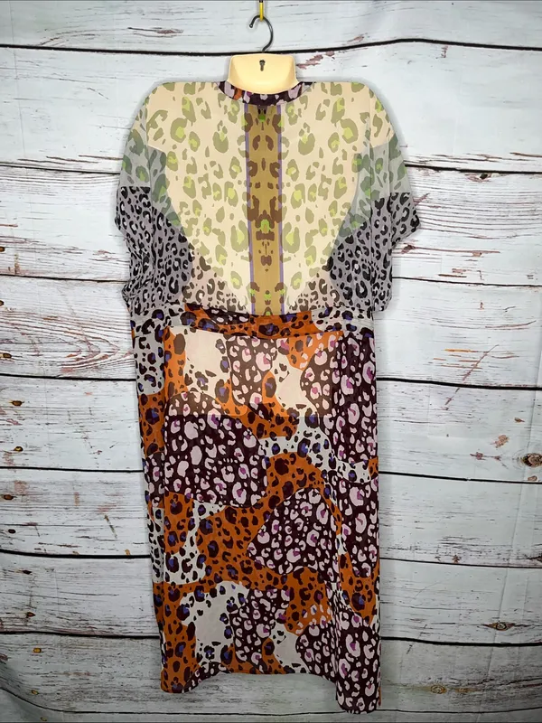 Cabi Size L Escape Animal Print V-Neck Tie Waist Sheer Midi Dress - Image 3