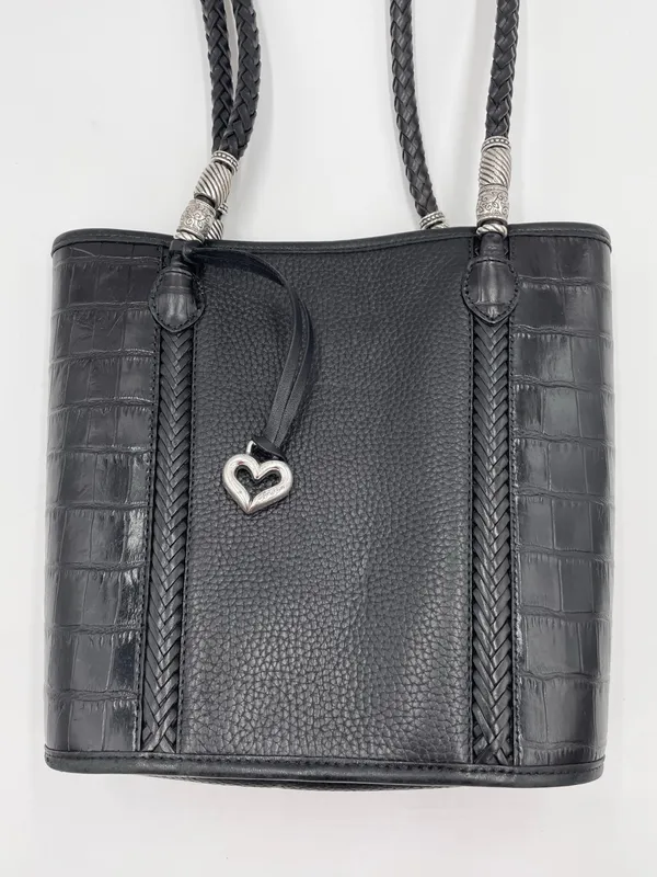 Vintage Brighton Black Pebbled Leather Croc Embossed Shoulder Bag Bucket Tote - Image 3