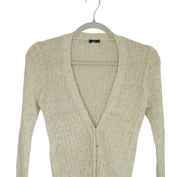 J. Crew Size Small Linen Open Knit Cardigan Sweater Oatmeal Beige V-Neck Fitted - Image 2