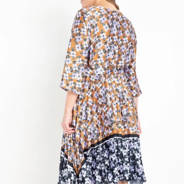 Eloquii Floral Mixed Print Satin Asymmetric Pleated Plus Size Midi Dress 16‎ 529 - Image 2