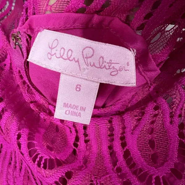 Lilly Pulitzer Hera Sheath‎ Dress Women's 6 Pink Lace 3/4 Sleeves Scalloped Hem - Image 9