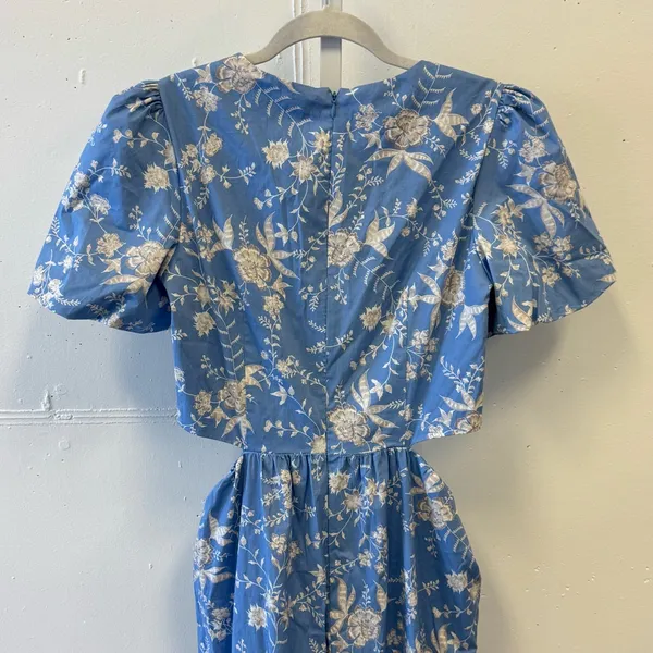 WAYF Plaza Cutout Puff Sleeve Cottagecore Floral Tiered Maxi Dress Blue White Sm - Image 8