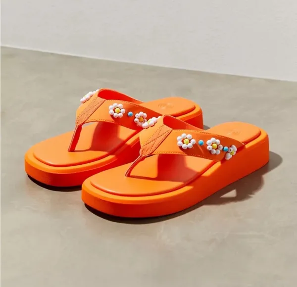 Urban Outfitters Orange UO Embellished Thong Sandal Slides Shoes Summer Pool - Image 3
