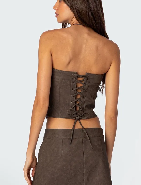 Edikted Ziva Faux Leather Lace-Up Corset in Brown - Image 4