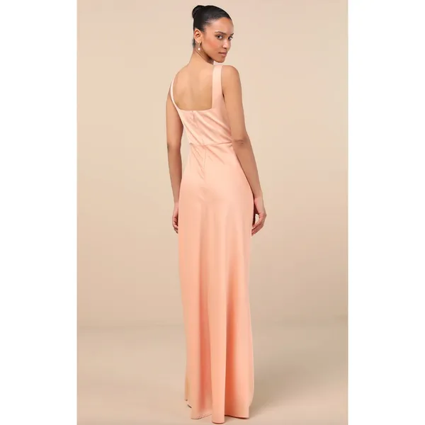 NEW Lulus Red Carpet Romance Peach Satin Square Neck Maxi Dress Formal Medium - Image 2