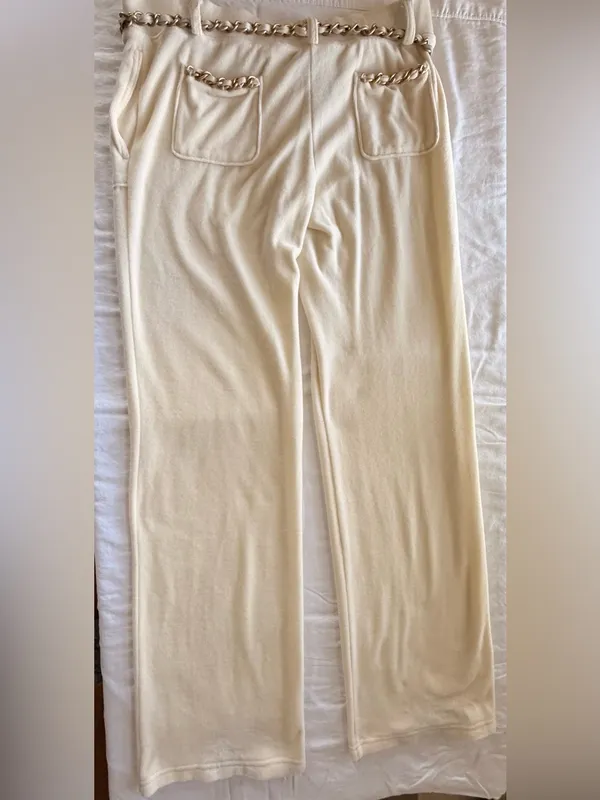 Juicy Couture Cream Velour Wide-Leg Lounge Pants with Gold Chain Trim Y2K Size M - Image 9