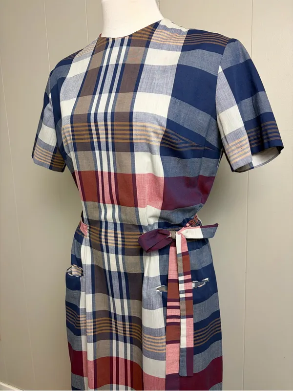 Vintage 60s 70s Nancy Greer New York Plaid Belted Midi Dress Small - Image 2