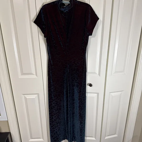 Women's Rhapsody LTD Velvet/Velour Dress Teal & Maroon Swirl Design Sm/M Y2K 90s - Image 2