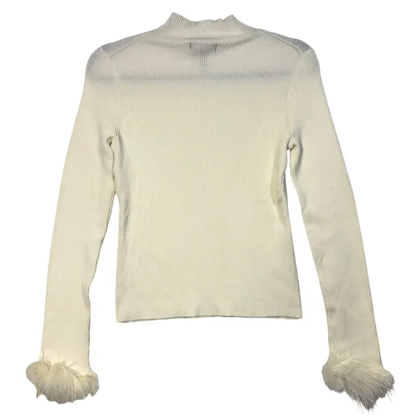 Aqua L Organic Cream‎ Ribbed Mock Neck Feather Cuff Sweater Glam Statement NWT - Image 4