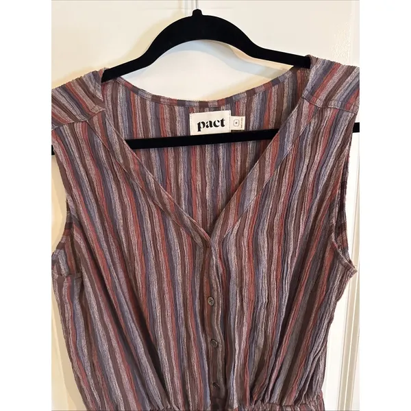Pact Organic Cotton Cropped Jumpsuit Romper Women's Med Brown Striped Boho Fall - Image 2
