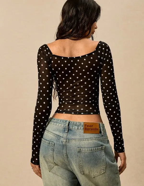 Black polka dot V-neck long-sleeved top - Image 2