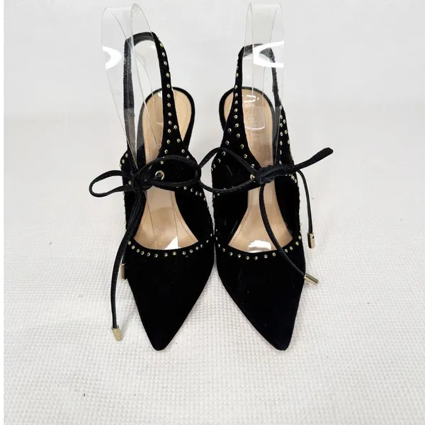 Schutz Black Suede Studded Tie Heels Size 6B - Image 2