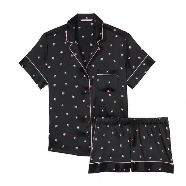 Victoria's Secret Black Satin Rosebud Floral Short Pajama Set Size M Pink Piping - Image 2