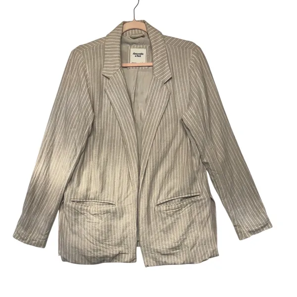Abercrombie &‎ Fitch Womens L Tan White Striped Linen Blend Open Front Blazer - Image 2