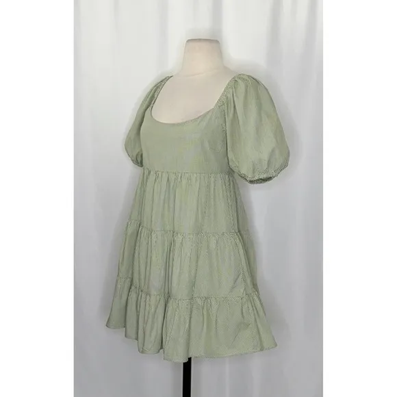 NIA Silvana Green White‎ Gingham Babydoll Dress Tiered Mini Summer Puff Medium - Image 4