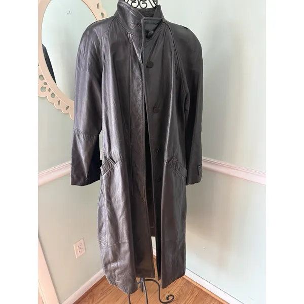 LNR S Small Black Genuine Leather‎ Long Maxi Trench Coat Women steam punk VTG - Image 5