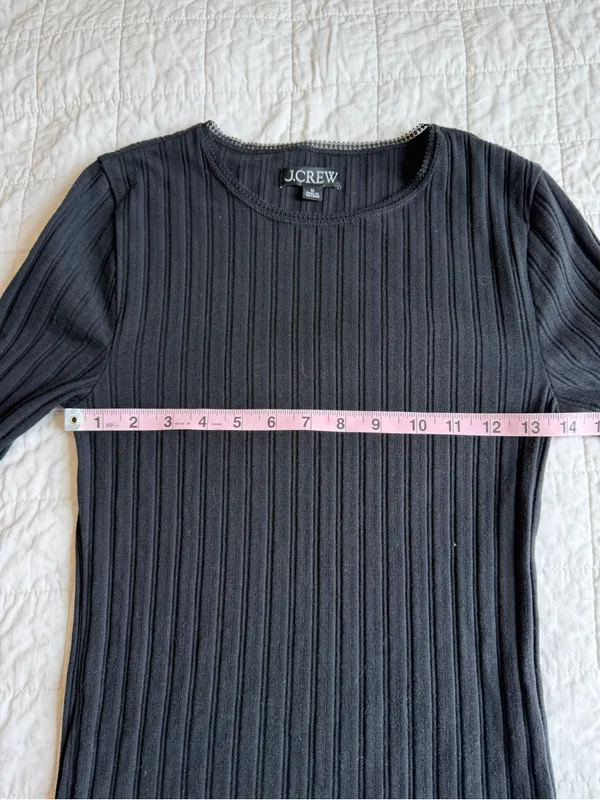 J. Crew Pointelle Ribbed Crewneck Long Sleeve T Shirt Scallop Trim Medium - Image 7