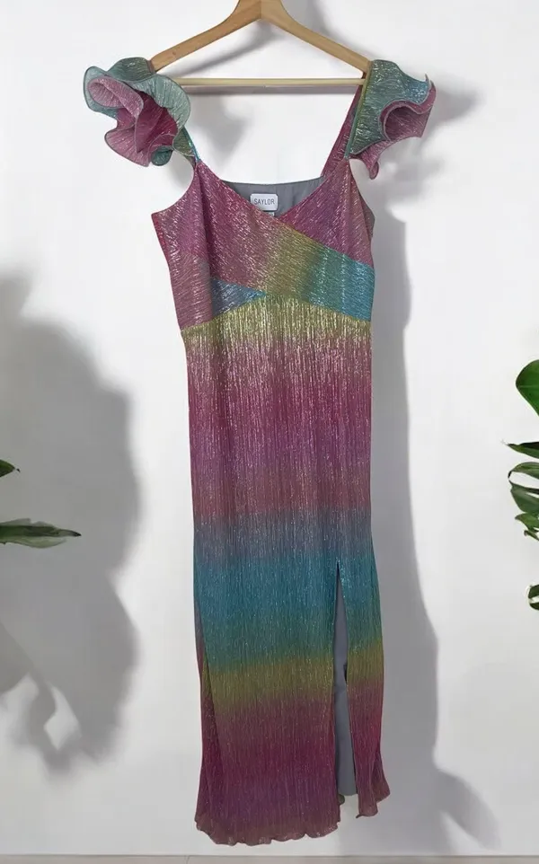 Saylor Myrah Metallic Rainbow Ombré Flutter Sleeve Midi Cocktail Dress - Image 6