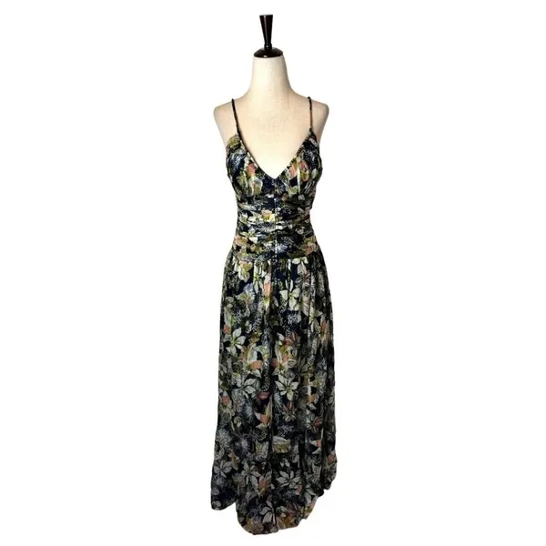 Tanya Taylor‎ Dress Women 00 Black Floral Print Linen Silk Ruched Lovette Maxi - Image 3