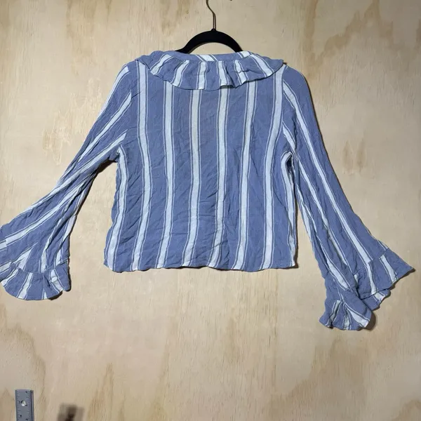 American Eagle Outfitters Women M Blue White Striped Ruffle Lace Up Blouse Boho - Image 7