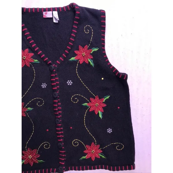 Holiday Editions Sweater Vest Women XL Black‎ Red Poinsettia Beaded Christmas - Image 7